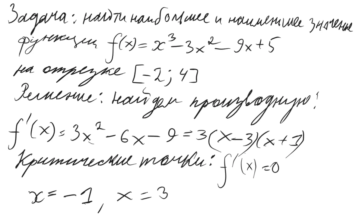Рукописный фрагмент поиска критических точек функции для ЕГЭ