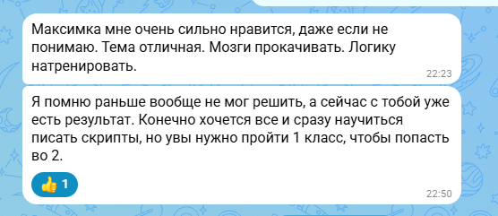 Скриншот сообщения ученика о прогрессе на занятиях